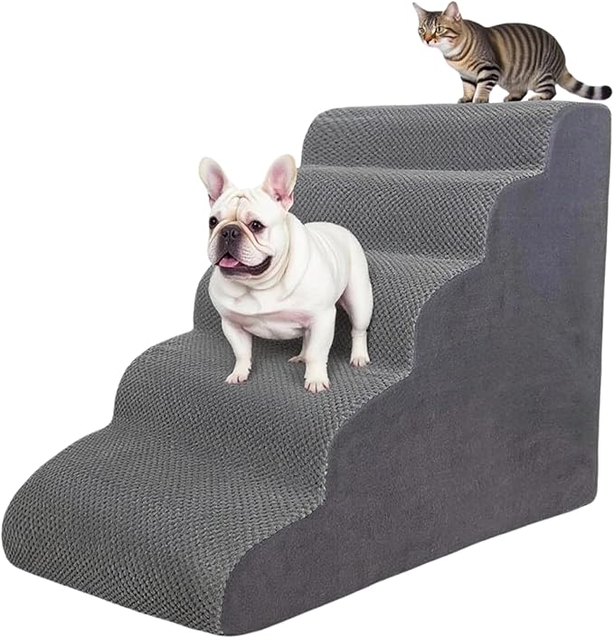 5 Step Pet Stairs Ramp for High Beds Sofas 23-30 Inch with Sturdy Non Slip Waterproof Pads, Machine Washable Cover Indoor Balanced Design for Cats Dogs Small Medium Large XL Pets Grey Large