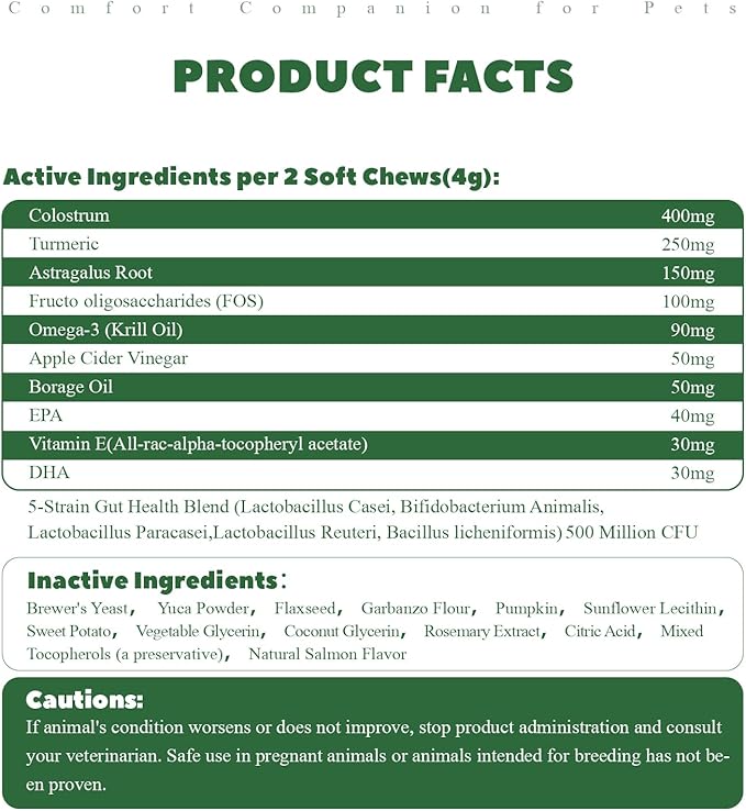 Dog Allergy Chews, Dogs Allergy Relief Chews for Paw Licking Itchy Skin Coat Supplement, Probiotics for Dogs with Colostrum Omega-3 Astragalus Immune Supplement-120ct