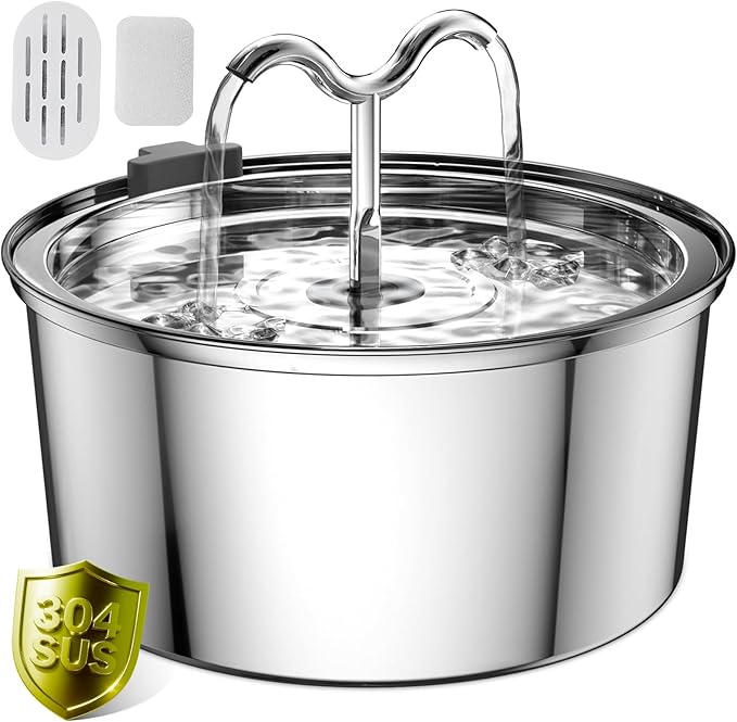 DOOOB Cat Water Fountain, 3.2L/108OZ Stainless Steel Pet Water Dispenser Automatic Metal Dog Drinking Fountains Water Bowl with Replacement Filters Ultra-Quiet Pump