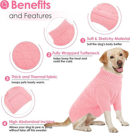 AOFITEE Dog Sweater, Warm Dog Sweaters for Large Dogs, Soft Dogs Christmas Sweater, Turtleneck Girl Pet Pullover, French Bulldog Sweaters, Female Pet Sweatshirt Knitwear for Winter Fall (Pink Large)