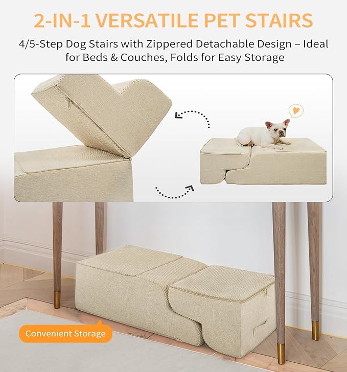 Made4Pets Dog Stairs Ramp for Bed 19.7" H, 4-Step Dog Steps for High Bed Couch Sofa Climbing, 35D Foam Pet Steps for Small Dogs and Cats, Non-Slip Bottom Pet Stairs, Beige
