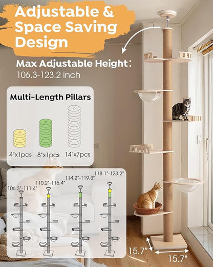 Veehoo Floor to Ceiling Cat Tree Height(106-123 Inch) Adjustable, Sturdy Tall Cat Tree with 4.3" Thickened Scratching Posts, Floor to Ceiling Cat Tower for Indoor Cats