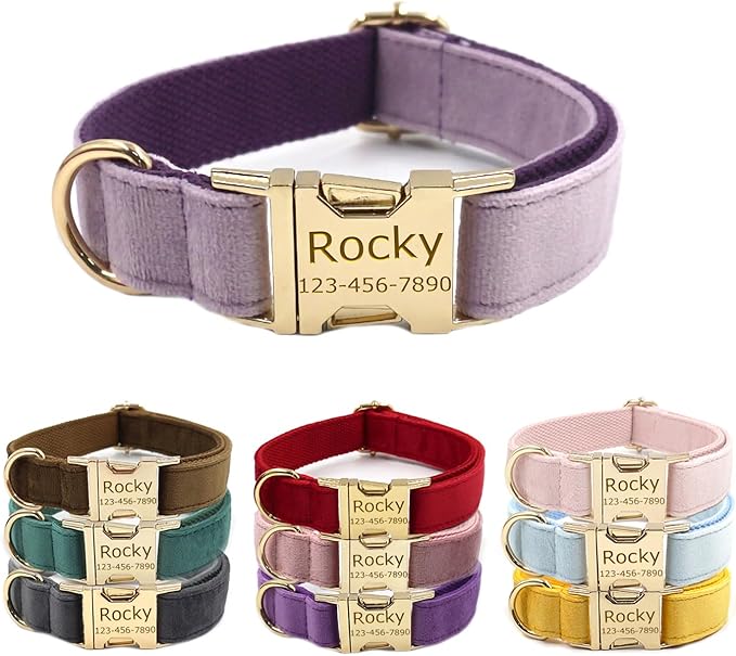 Personalized Velvet Dog Collars with Pet Name Phone Number Engraved, Custom Adjustable Soft Collar with Metal Buckle for Small Medium Large Dogs, Dog Leash and Bow Tie Available -Light Purple
