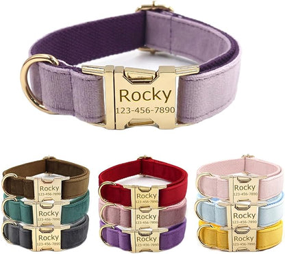 Personalized Velvet Dog Collars with Pet Name Phone Number Engraved, Custom Adjustable Soft Collar with Metal Buckle for Small Medium Large Dogs, Dog Leash and Bow Tie Available -Light Purple
