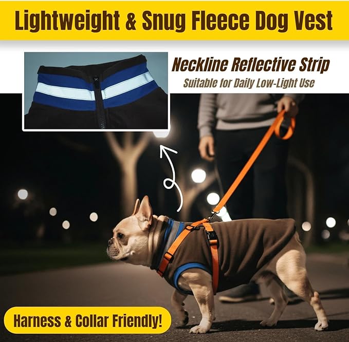 Winter Warm Dog Fleece Vest Sweater, Soft & Snug-Fit Doggie Sweaters for Small Dogs with Back-Zipper, Turtleneck Puppy Vests Sweatshirt, Lightweight Coat Pet Clothes with Reflective Strip(Brown, XS)