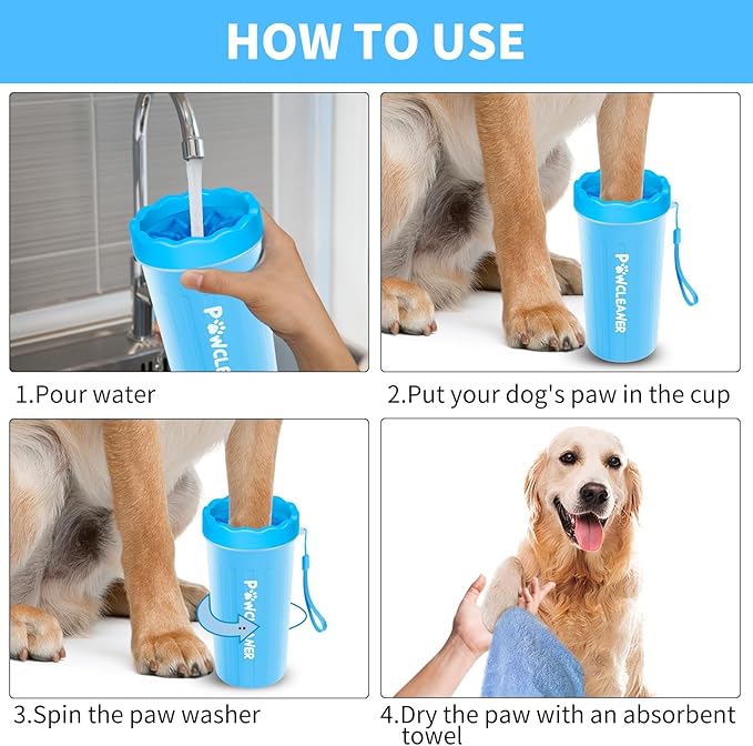Professional 7 in 1 Dog Paw Cleaner for Dogs & Cats - Includes 1 Portable Paw Washer, 1 Bath Brush, 2 Dog Toothbrushes and 3 Absorbent Towels Note: Fits Paws 2.5 to 3.5 Inches Wide (Large, Blue)