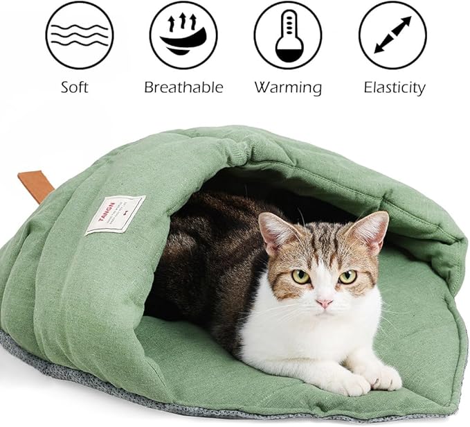 Cat Sleeping Bag,Linen Fabric Cat Bed Cave Leaf Nest Pet Cuddle Zone Covered Hide Hood Burrowing Cozy Soft Durable Washable with Non-Slip Bottom for Indoor Puppy and Kitten (Green)