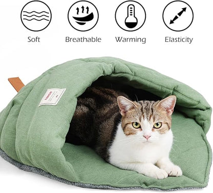 Cat Sleeping Bag,Linen Fabric Cat Bed Cave Leaf Nest Pet Cuddle Zone Covered Hide Hood Burrowing Cozy Soft Durable Washable with Non-Slip Bottom for Indoor Puppy and Kitten (Green)