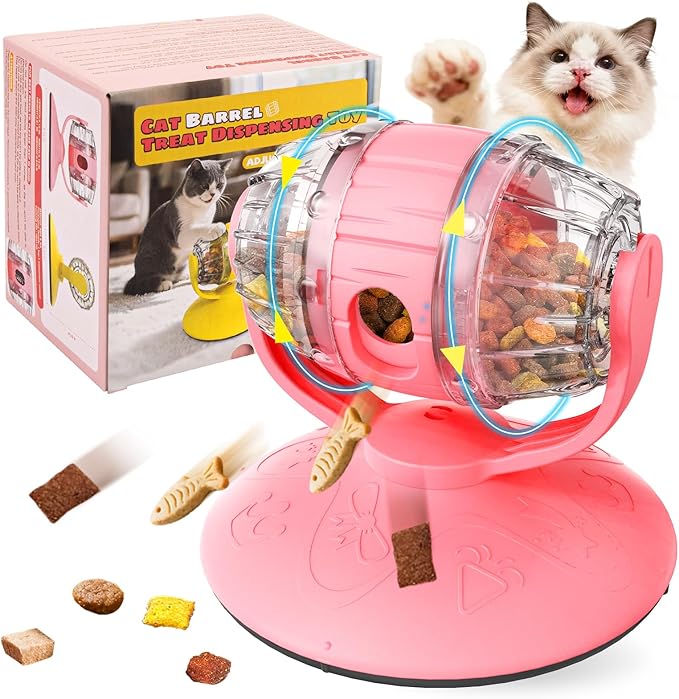 LAZYSEAL Cats Slow Feeder 4.6" High Cat & Dog Dry Food Dispenser Toy with Wine Barrel Spinner, Treat Dispenser for Boredom & Anxiety Relief, IQ Training for Small/Medium Pets (Pink)