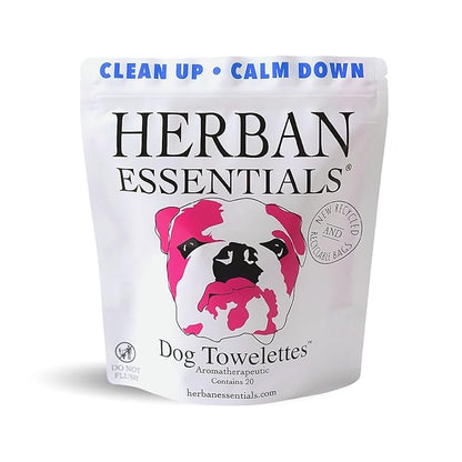 Herban Essentials - Dog Grooming Wipes for Dogs, Essential Oil Pet Wet Wipes for Cleaning, Deodorizing & Allergy Defense, Natural Hand Wipe, Moist Towelettes Individually Wrapped Body Wipes, 20 Count