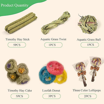 FIPASEN Rabbit Chew Toys for Teeth, 16PCS Natural Timothy Hay Chew Toy, Improve Dental Health for Bunny/Chinchilla/Guinea Pig/Hamsters/Holland Lop, Small Rodent Pet Molar Teeth Treats Toys