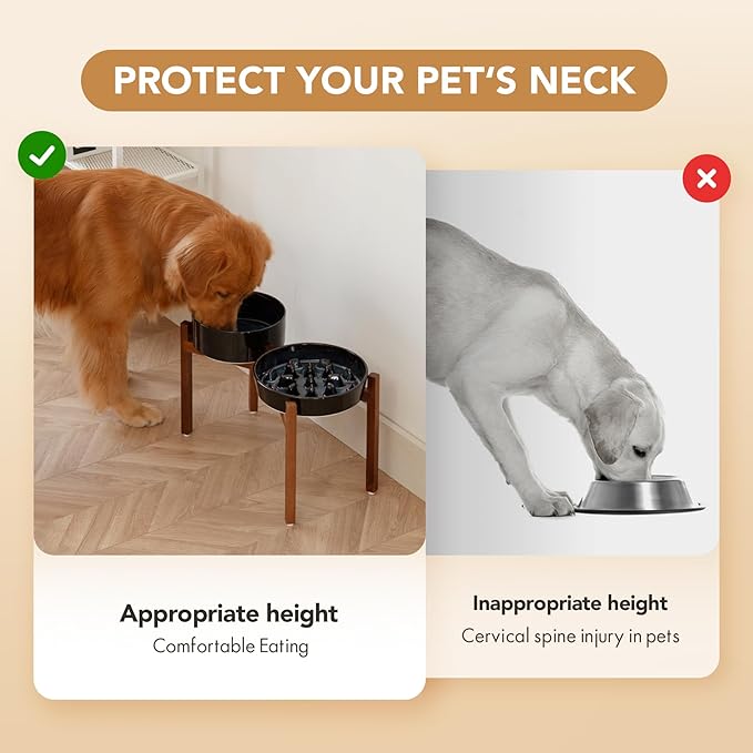 Ceramic 3.2 Cup Raised Slow Feeder Dog Bowl Set, Elevated 8.2inch Bowl and 9.5inch Slow Feeder Dish with Acacia Wood Stand for Large Dog (2 x Starry Sky+ Stand)