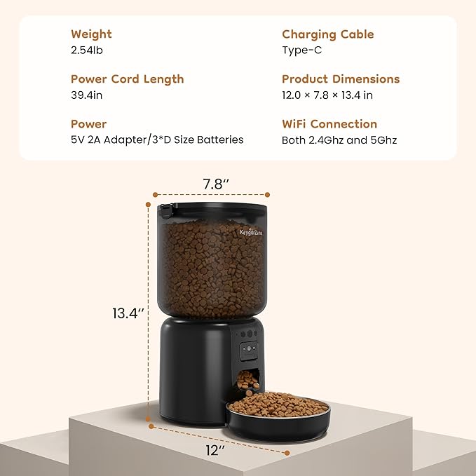 Automatic Cat Feeder, Adjustable 1080p Camera, 5G WiFi & App Control Cat Food Dispenser, Automatic Feeder Cat Dry Food with Dual Power & Voice Recording, Smart Automatic Dog Feeder Portion Control