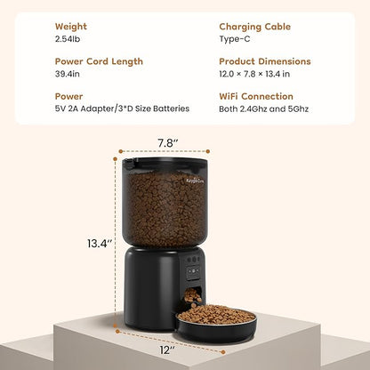 Automatic Cat Feeder, Adjustable 1080p Camera, 5G WiFi & App Control Cat Food Dispenser, Automatic Feeder Cat Dry Food with Dual Power & Voice Recording, Smart Automatic Dog Feeder Portion Control