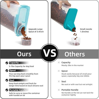 5-7Lbs Cat Dog Storage Container, Portable Pet Food Containers with Upgraded Large Spout and Cup, Small Animal Kibble Dispenser for Bird Seed, Oatmeal, Rice, Flour-Clear Blue