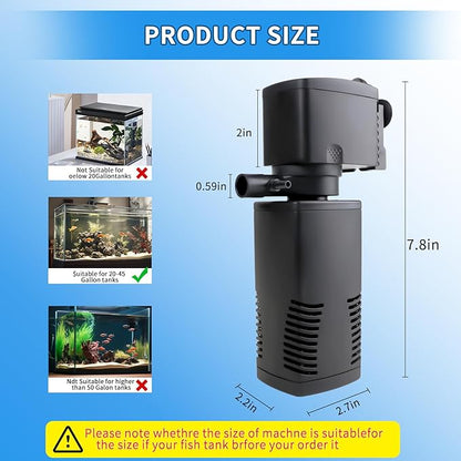 Fish Tank Filter for 15-40 Gallon Tank, 160 GPH Crystal Clear Powerful Internal Aquarium Filters Submersible Pump& Filter System for Fish Tank & Turtle Tank