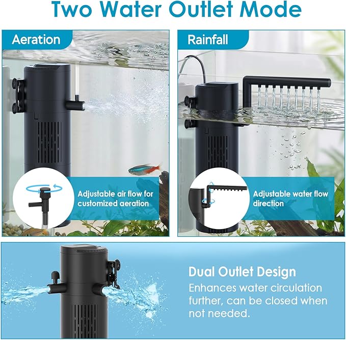 Aquarium Filter for 60-100 Gallon Tanks, Internal Fish Tank Filter, Submersible Turtle Tank Filter, with Aeration/Rainfall Modes and Dual Water Outlet