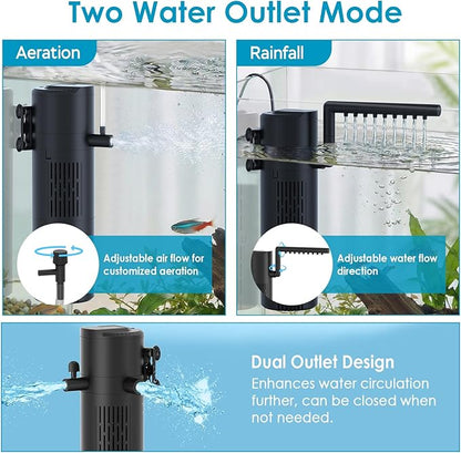 Aquarium Filter for 60-100 Gallon Tanks, Internal Fish Tank Filter, Submersible Turtle Tank Filter, with Aeration/Rainfall Modes and Dual Water Outlet