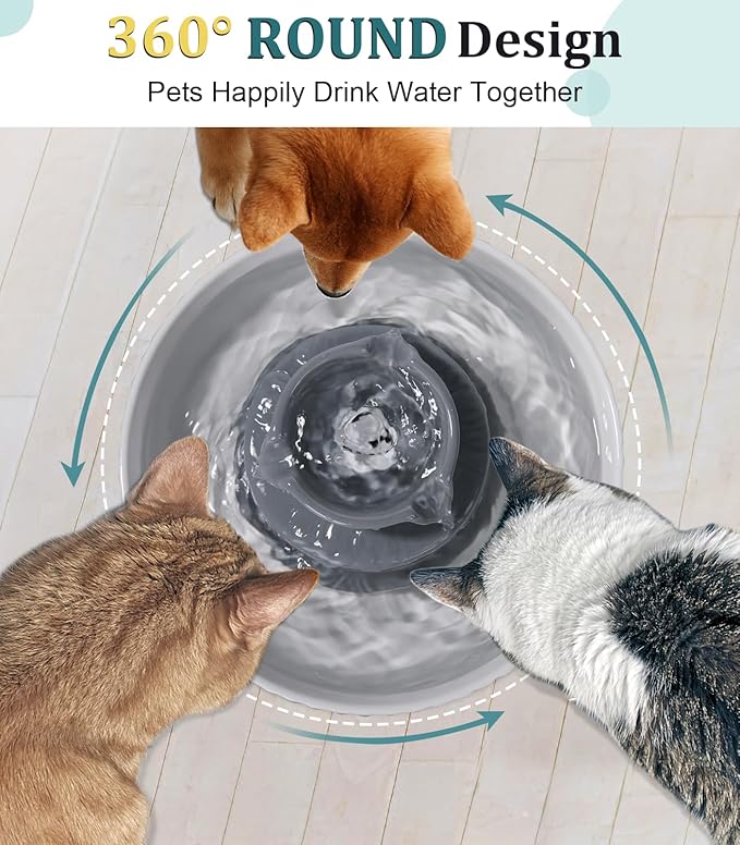Ceramic Cat Water Fountain, Ceramic Pet Fountain, 2.1 L Drinking Fountains Bowl for Cats and Dogs with Replacement Filters and Foam(Grey)
