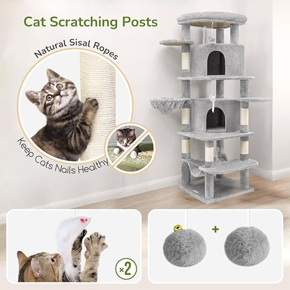 Globlazer Corner Cat Tree for Large Cats, 66inch Tall Curved Series Large Cat Tower for Multiple Indoor Cats with 6 Scratching Posts, 2 Spacious Cat Condos, Hammock, Hanging Basket, C66, Light Grey