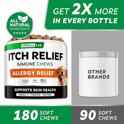 StrellaLab Dog Allergy Relief & Anti Itch Support Chews w/Omega 3, Pumpkin, Enzymes & Turmeric: Real Ingredients, Real Taste! Skin & Coat Immune Supplement w/Fish Oil - Made in USA - 180Ct - Chicken