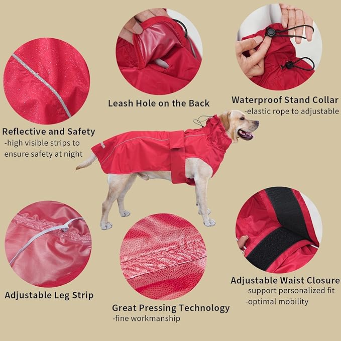 Adjustable Waterproof Dog Raincoat for Dogs,Lightweight Pet Rain Jacket Puppy Clothes with Reflective Strip for Small Medium Large Dogs (Red, X-Large)