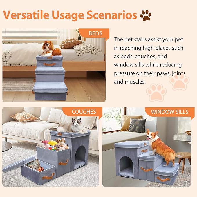 24" H Dog Stairs for High Beds Up to 32" H - Pet Steps for Small Medium or Large Dogs, Foldable Cat Stairs with Storage & Condo, 3-Step Pet Stairs for Couch & Window Sill, Hold Up to 150Lbs