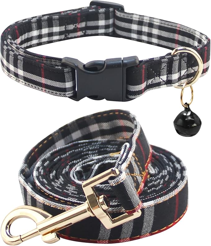 Cute Plaid Dog Collar Harness and Leash with Safety Buckle - Adjustable and No Pull Comfortable Dog Collars for Small Puppy, Stylish Durable Gift for Boy Girl Pets