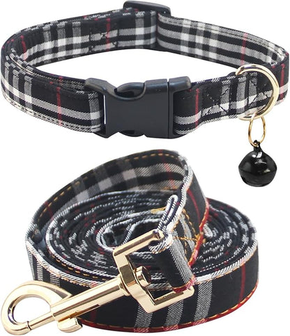 Cute Plaid Dog Collar Harness and Leash with Safety Buckle - Adjustable and No Pull Comfortable Dog Collars for Small Puppy, Stylish Durable Gift for Boy Girl Pets