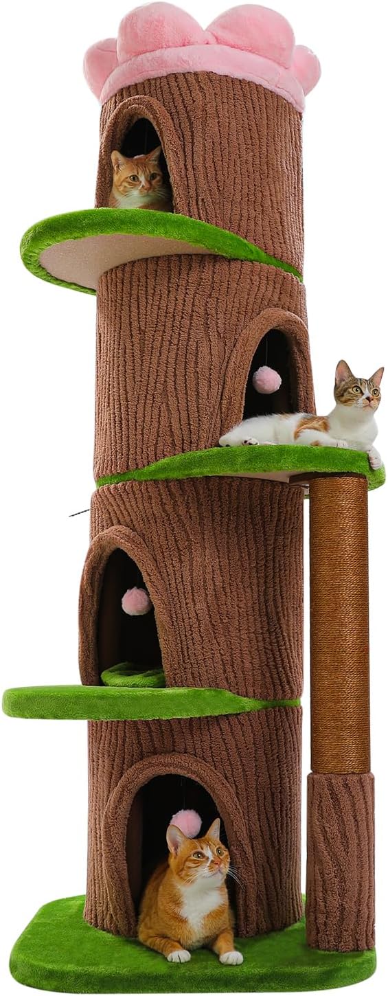 Forest Cat Tree Tower with 4 Condos, 68.5" Tall Cat Tower with Flower Top Bed & Thick Scratching Post (φ3.8in) – Large Heavy Duty Tree That Looks Like a Tree for Indoor & Multi-Cat Households