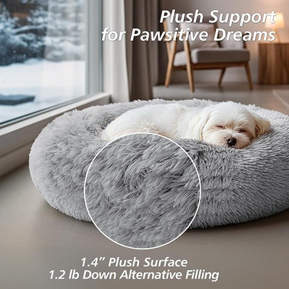 JOLLYVOGUE Small Dog & Cat Beds for Indoor Cats, Donut Cuddler Warming Soft Dog Beds with Anti-Slip Bottom, Round Calming Fluffy Plush Faux Fur Cushion Bed for Small Dogs (20", Smoke Grey)
