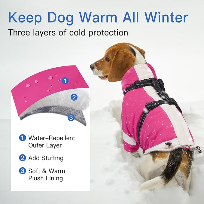 XX-Large Dog Winter Coat with Harness 2 in 1-for Walk The Dog | Thick and Warm Lining for Cold Winter,Turtleneck Windproof Snowsuit with Sleeves,Night Reflective Harness(Rosered)