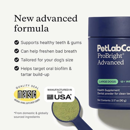 PetLab Co. ProBright Advanced Dental Powder - Dog Breath Freshener - Teeth Cleaning Made Easy – Targets Tartar & Bad Breath - Packaging May Vary - Formulated for Large Dogs