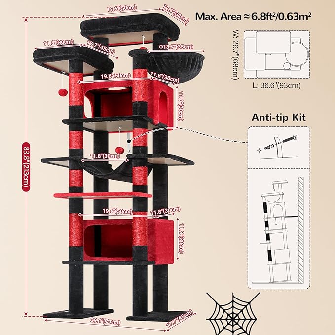 Globlazer XXL Giant Gothic Cat Tree, 83 Inch Heavy Duty Tall Goth Cat Tower for Indoor Cats Large Adult, Multi-Level Large Cat Condo with 8 Scratching Posts, Hammock, 2 Platform, F83B, Black Red