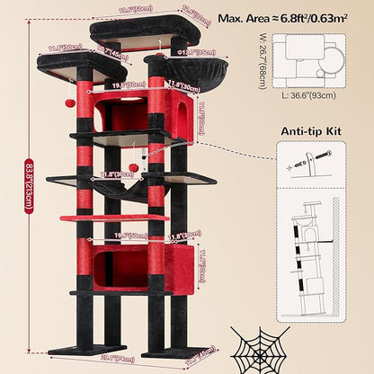 Globlazer XXL Giant Gothic Cat Tree, 83 Inch Heavy Duty Tall Goth Cat Tower for Indoor Cats Large Adult, Multi-Level Large Cat Condo with 8 Scratching Posts, Hammock, 2 Platform, F83B, Black Red