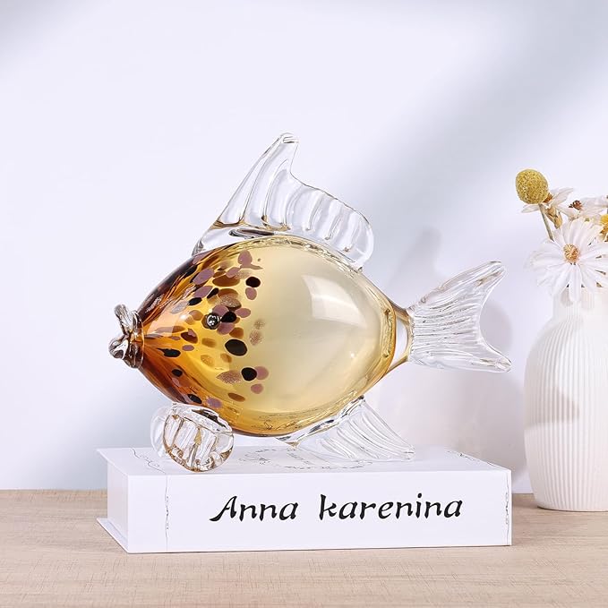 LCCCK Large Hand Blown Glass Fish Figurines, Aquarium Sea Glass Art, Fish Statue Sculpture Modern Coastal Accent - for Beach Knick Knacks, Coffee Tables, Nautical Offices Centerpiece (Gold)