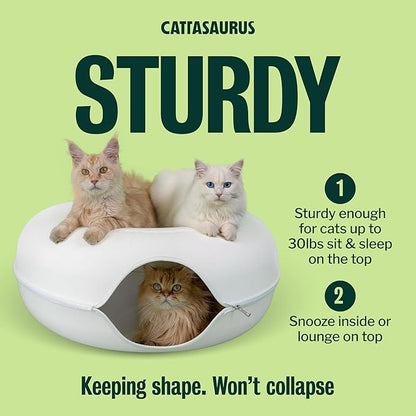 Cattasaurus Peekaboo Cat Cave, Extra Spacious for Multiple & Large Cats 15+ lbs, Scratch Detachable Cat Beds for Indoor Cats, Washable Tunnel Bed, Comfy Donut Tunnel (White, Jumbo)