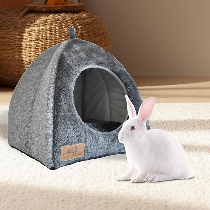 kathson Rabbit Bed Warm Hideout Bunny Cave Beds House Cozy Guinea Pig Hideouts with Foldable Winter Sleeping Nest for Small Animals Cats Hamsters Chinchillas Ferrets (Dark Grey)