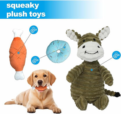Dog Toys 7 Pack for Fun and Teeth Cleaning, Puppy Chew Toys Pack with Cute Donkey Squeaky Toys, Durable Ropes Chew