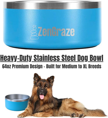 Heavy Duty Stainless Steel Dog Bowl with Premium Accessories – Slow Feeder Insert & Multi-Use Lick Mat Lid | Non-Slip, Durable | Reduce Gulping & Add Enrichment | 64 oz | Medium to XL Dogs (Eli Blue)