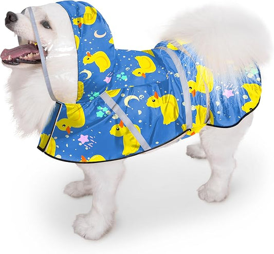Dog Raincoat, Adjustable Rain Jacket with Hooded Double Layer for Large Medium Small Dogs Puppies, Lightweight Waterproof Rain Coat Poncho with Reflective Stripe Duck Blue,S