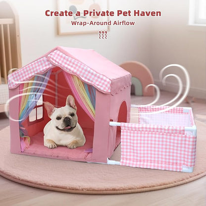 Dog House Indoor with Frame for Small to Medium Dogs, LitaiL Cute Dog Tent Bed with Play Area, Breathable, Washable, Cute Princess Dog Cat House with Soft Plush Cushion, 44" L x 26.8" W x 25" H, Pink