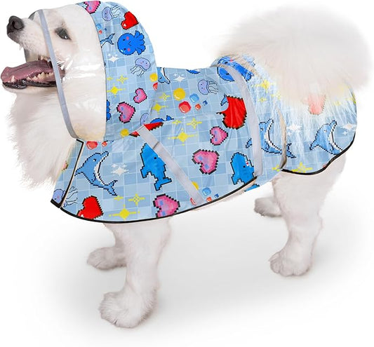 Dog Raincoat, Adjustable Rain Jacket with Hooded Double Layer for Large Medium Small Dogs Puppies, Lightweight Waterproof Rain Coat Poncho with Reflective Stripe Ocean Dolphin Blue,L