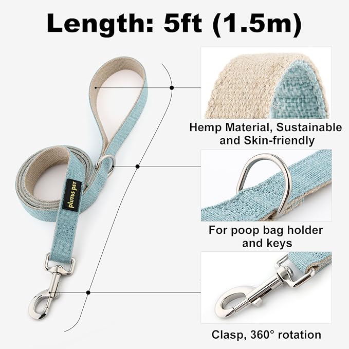 Plutus Pet Cotton Hemp Dog Collar and Leash Set, Adjustable Collar for Small, Medium, and Large Dogs, Heavy Duty and Soft on Skin, Light Blue, XL