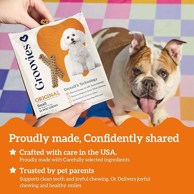 Groovies Flexible, Yet Moderately Tough Daily Dog Dental Chews. Powered by USA-Patented DentalFit Technology. No Added Gluten, No Artificial Flavors or Colors. Original 6oz (Small 22Chews)