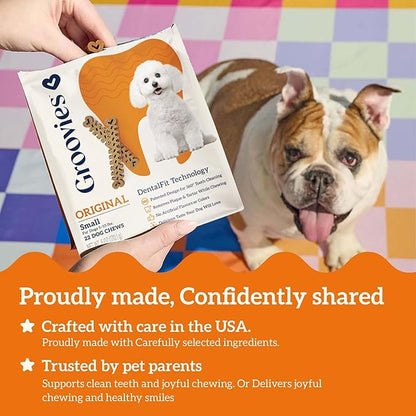 Groovies Flexible, Yet Moderately Tough Daily Dog Dental Chews. Powered by USA-Patented DentalFit Technology. No Added Gluten, No Artificial Flavors or Colors. Original 6oz (Small 22Chews)