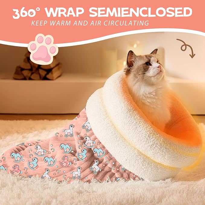 Cat Sleeping Bag, Self Warm Pet Bed Cave Bag for Indoor Cats, Cat Cave Bed 360° Wrap, 21.6 x 17.7X 12.9 Inches (Pink)
