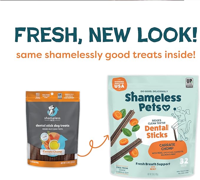 Shameless Pets Carrot & Mint Dental Chews for Dogs, 32 Chews - Natural Dog Teeth Cleaning Treats with Fresh Breath Benefits | Grain-Free Dental Sticks for Small, Medium & Large Dogs