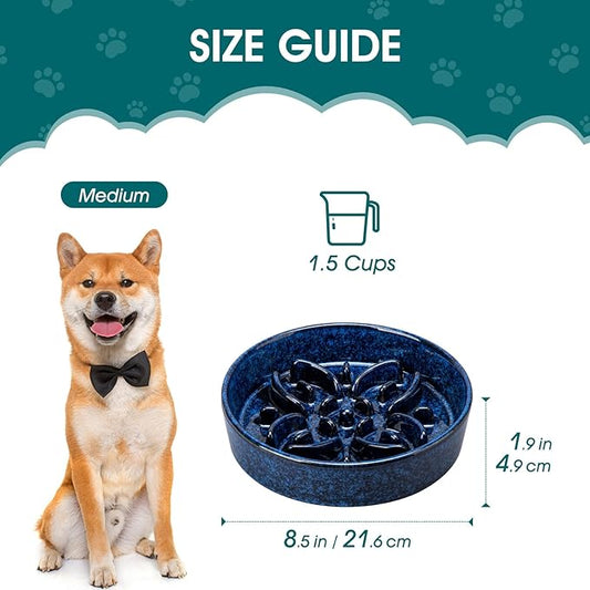 vancasso Ceramic Slow Feeder Dog Bowls, Puzzle Dog Food Bowls with Floral Maze, Anti -Slip Pet Food Dish for Medium Breed, 1.5 Cups, Blue