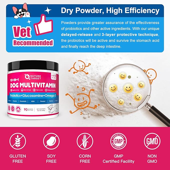 NATURE TARGET Dog Vitamins Powder, Probiotics & Digestive Enzymes for Gut Health, Glucosamine & Chondroitin & Omega 3, Complete Supplement for Homemade Dog Food, Joint & Skin & Immune Support